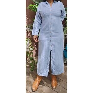 Vintage Kiko 100% Flax Linen Light Blue Duster Button Dress S Boho Coastal Lagom